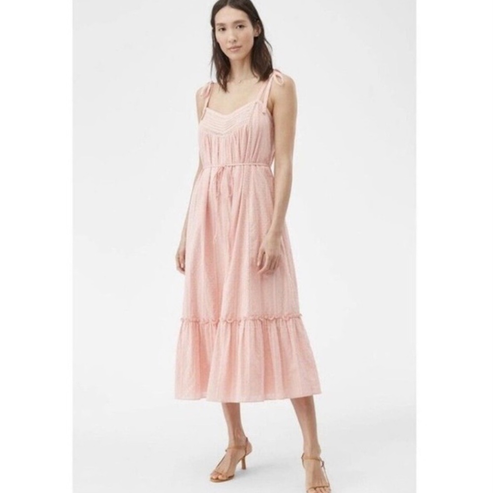 Rebecca Taylor Might Pink Cotton La Vie Kelsey Clip Dot Tie Waist Midi Dress L
